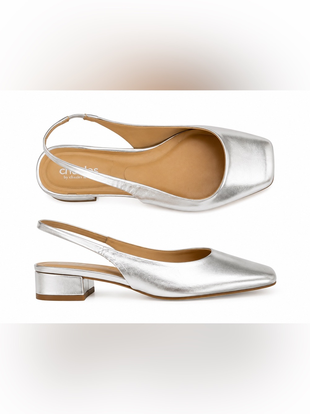 Charles by Charles David Silver Slingback Low Block Heel Mules